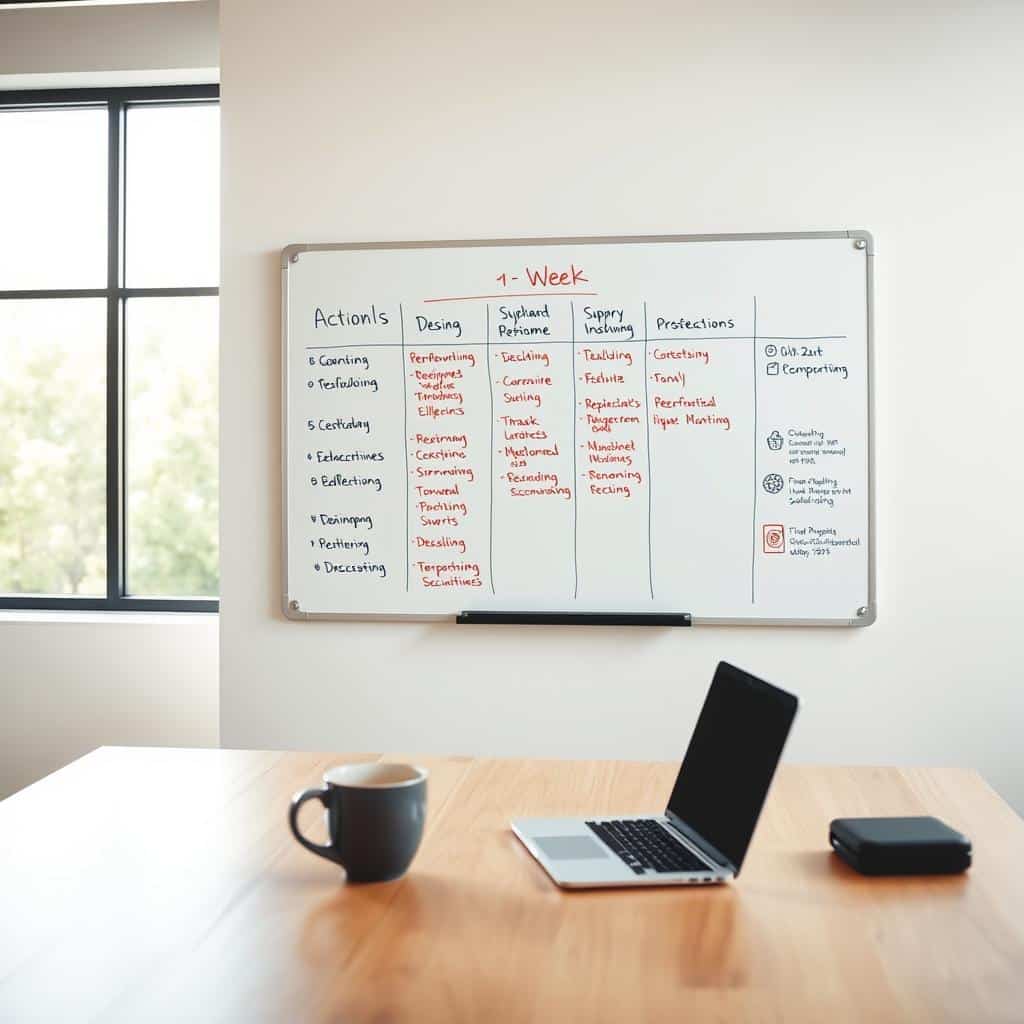 A clean, minimalist office space with a large whiteboard on the wall, a laptop, and a cup of coffee on a wooden desk. The whiteboard features a clear, structured one-week action plan with key tasks, deadlines, and milestones outlined in colorful markers. Soft, natural lighting filters through large windows, creating a focused and productive atmosphere. The entire scene conveys a sense of purpose, organization, and determination to achieve a goal.