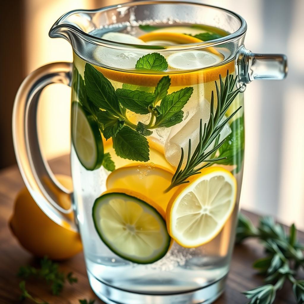 A clear glass pitcher filled with fresh, infused water. The water is transparent, with slices of lemon, lime, cucumber, mint leaves, and sprigs of rosemary gently floating within. The lighting is soft and natural, creating a warm, inviting atmosphere. The pitcher is placed on a wooden surface, with a few extra ingredients scattered around. The composition is balanced, highlighting the vibrant colors and textures of the fruits and herbs. The overall scene conveys a sense of healthfulness, refreshment, and a desire to elevate ordinary water into a flavorful, hydrating treat.