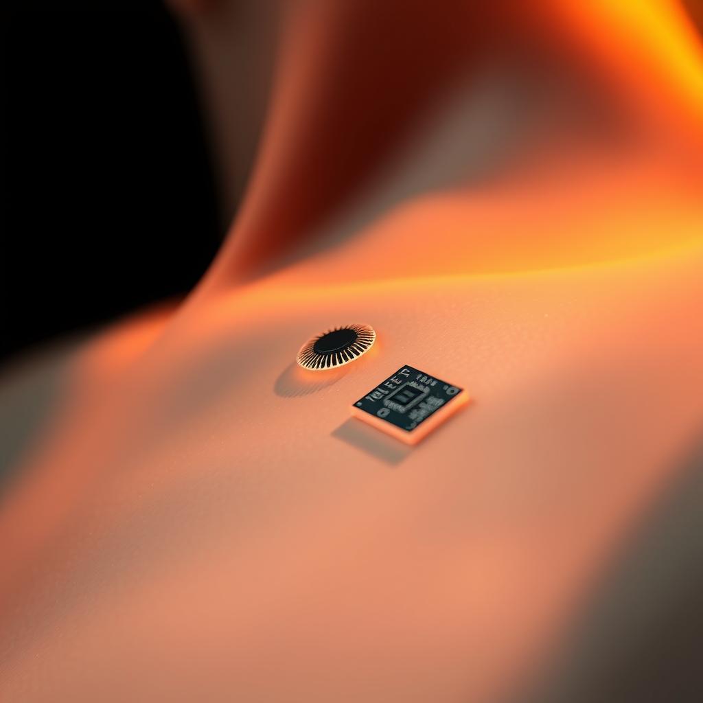 A close-up view of advanced implantable health sensors, delicately embedded beneath translucent skin. The sensors, tiny yet precisely engineered, are designed to continuously monitor vital signs and physiological data, seamlessly integrated with the human body. Soft, biologically-compatible materials create a natural, unobtrusive interface. Warm, ambient lighting highlights the sensors' intricate circuitry and sleek, minimalist form. The image conveys a sense of cutting-edge medical technology blending harmoniously with the human form, enabling a future of proactive, preventative health monitoring.