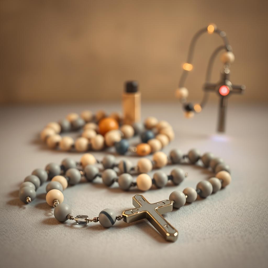 A collection of modern rosary adaptations, featuring sleek, minimalist designs in muted tones. In the foreground, a contemporary rosary with smooth, rounded beads in soft shades of gray and ivory, paired with a simple silver cross. In the middle ground, a rosary fashioned from natural materials like wood and stone, evoking a Zen-like serenity. In the background, a high-tech, smart rosary with LED lights syncing to a meditation app, reflecting the integration of ancient devotion and modern technology. The image is bathed in a warm, diffused lighting, creating a serene, contemplative atmosphere.