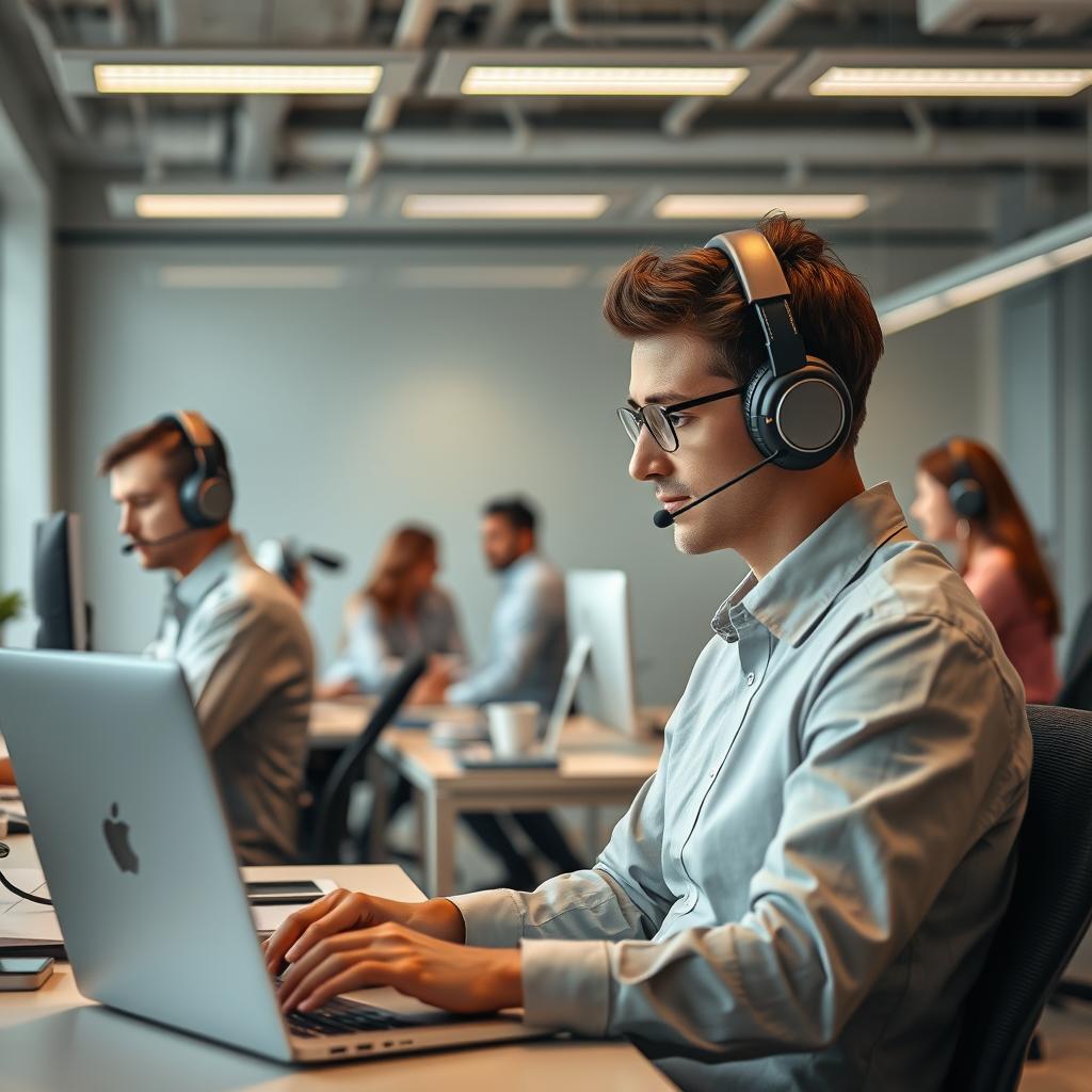 A corporate office interior with workers wearing protective gear, including thick headphones, to shield against low-frequency electromagnetic radiation. Soft, muted lighting creates a calm, focused atmosphere. The foreground features an employee using a laptop, while the middle ground shows co-workers engaged in discussions, all taking precautions. The background showcases modern, minimalist office furnishings and equipment, conveying a sense of safety and well-being. The scene emphasizes the importance of workplace strategies to mitigate low-frequency hazards, promoting a healthier, more secure work environment.
