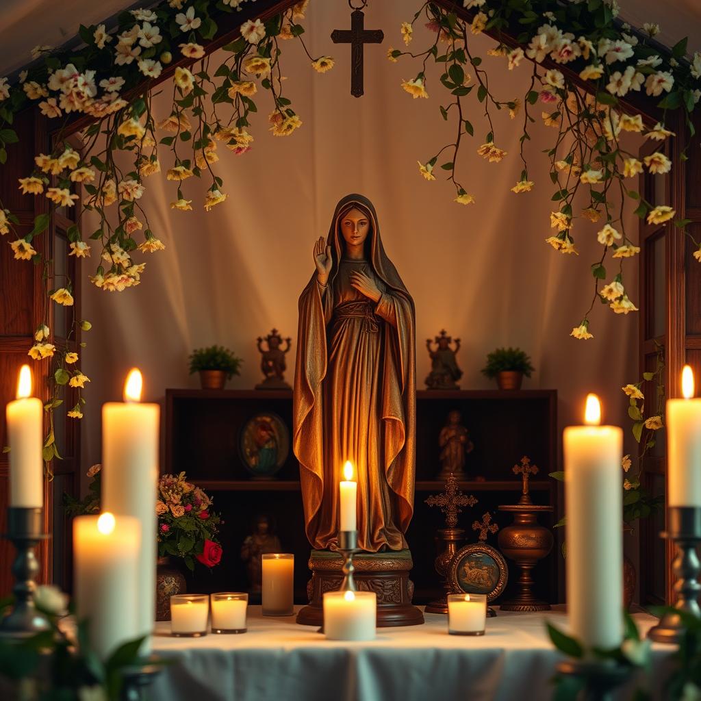 A cozy and inviting Marian altar, illuminated by the warm glow of candles. In the foreground, a beautifully carved wooden statue of the Blessed Virgin Mary, her hands raised in a gesture of intercession. Cascading vines and delicate flowers adorn the altar, creating a lush, natural atmosphere. In the middle ground, ornate religious icons and sacred objects are carefully arranged, radiating a sense of reverence and devotion. The background is a soft, diffused light, evoking a serene, contemplative mood perfect for private prayer and reflection. The overall composition exudes a sense of tranquility and holy presence, inviting the viewer to pause and honor the Blessed Mother during the month of the Rosary.
