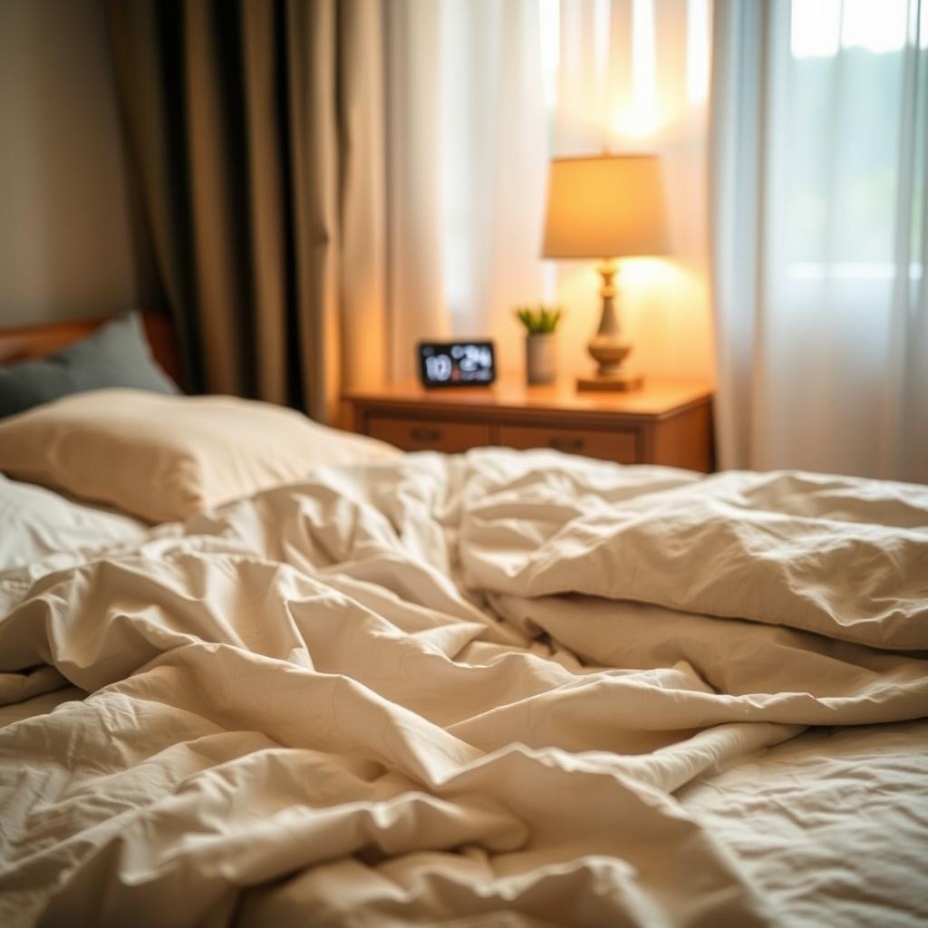 A cozy bedroom scene with a focus on EMF shielding materials. In the foreground, various protective fabrics and sheets are neatly arranged, showcasing their ability to block electromagnetic radiation. The middle ground features a nightstand with a digital clock, suggesting the importance of a shielded sleeping environment. In the background, the room is bathed in a warm, calming light, creating an atmosphere of tranquility and rest. The overall composition conveys a sense of security and well-being, emphasizing the significance of creating a shielded personal space for better sleep.