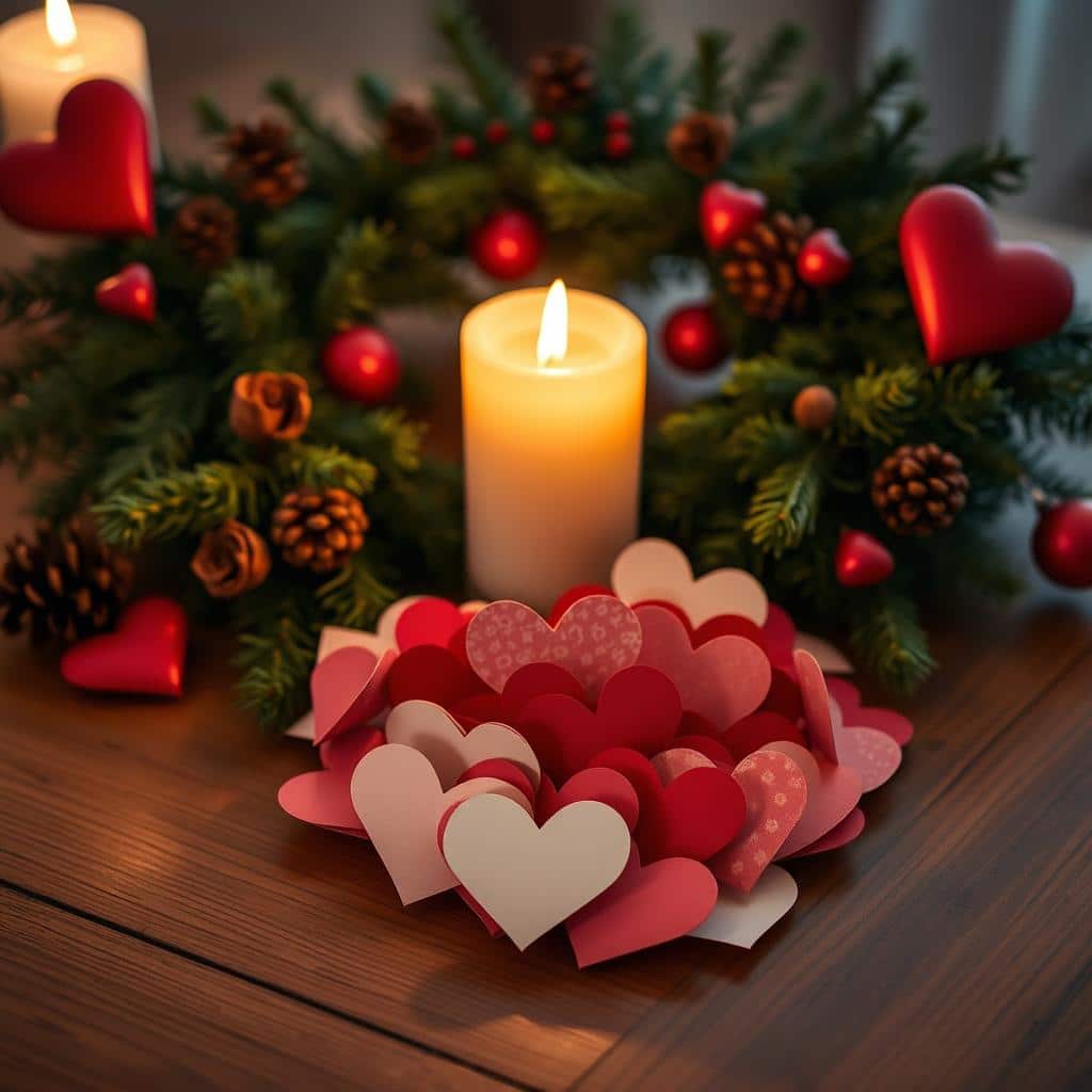 A cozy, candlelit scene of a wooden table, adorned with a lush wreath of evergreens, pinecones, and crimson red hearts. In the center, a glowing candle casts a warm, inviting glow, surrounded by a cluster of delicate, handmade paper hearts in shades of red, pink, and ivory. The hearts are carefully arranged, as if being prepared for a thoughtful ritual or celebration. The background is softly blurred, allowing the focus to remain on the heartfelt display. The overall mood is one of quiet reflection, anticipation, and a sense of cultivating a prayerful spirit.