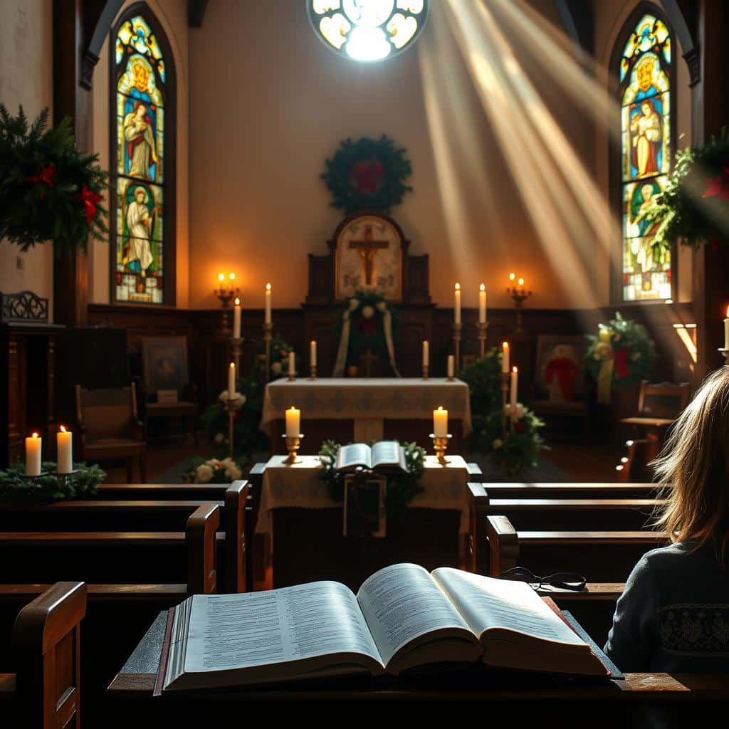 A cozy church interior, the altar adorned with wreaths of evergreen and candles flickering warmly. Sunlight streams through stained glass windows, casting a gentle glow over the pews. On the altar, an open Bible and liturgical items suggest the fourth Sunday of Advent. A sense of anticipation and reverence fills the air, as worshippers gather to hear the sacred readings that herald the coming of Christ. The scene is captured with a soft, atmospheric lens, highlighting the reverent mood and the sacred nature of the space.