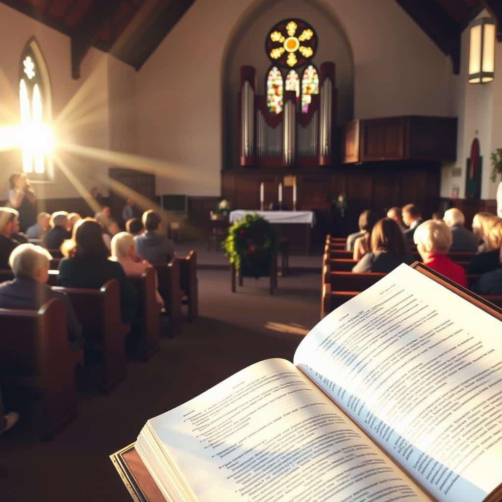 A cozy church sanctuary on a chilly second Sunday of Advent, Cycle A. Gentle afternoon sunlight streams through stained glass, casting warm hues across the pews and illuminating the serene gathering of parishioners engaged in personal reflection and prayer. In the foreground, an open Bible rests on a wooden lectern, its pages inviting the faithful to explore the timeless scriptures. The middle ground features the humble altar, adorned with a simple Advent wreath and flanked by potted poinsettias, creating a focal point for the congregation's contemplation. In the background, the ornate pipe organ and choir loft hint at the sacred music soon to fill the space, uplifting the spirits of all in attendance.