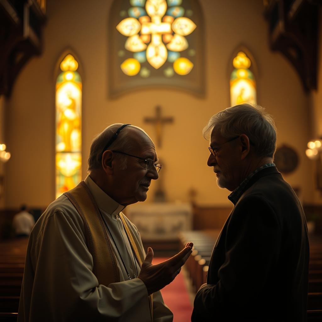 A cozy, dimly lit Catholic church interior with warm, golden lighting filtering through stained glass windows. In the foreground, two figures - a priest and a parishioner - engaged in spiritual direction, their faces etched with contemplation as they lean towards each other, gesturing thoughtfully. The background is hazy, with pews and religious iconography faintly visible, creating an atmosphere of intimacy and quiet reflection. The composition is balanced, with the two figures positioned centrally, and the lighting guiding the viewer's eye towards their interaction.
