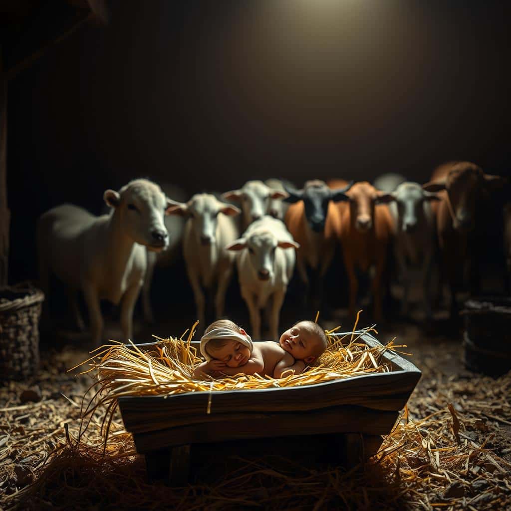 A cozy, dimly lit stable with a rustic wooden manger in the foreground, adorned with a soft, warm glow. The manger is filled with fresh hay and a newborn baby Jesus resting peacefully, surrounded by the gentle presence of Mary and Joseph. In the middle ground, a herd of sheep and cattle watch over the sacred scene, their eyes reflecting the tranquility of the moment. The background is composed of smooth, earthy tones, creating a sense of timelessness and reverence. The lighting is soft and diffused, casting a heavenly, almost ethereal atmosphere over the entire composition.