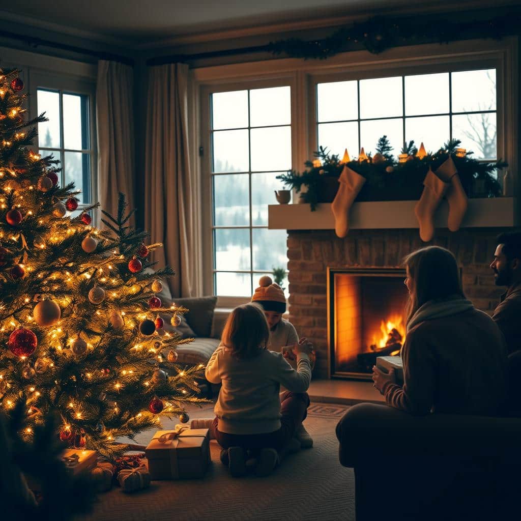 A cozy home interior with a warm, inviting atmosphere. In the foreground, a family gathers around a beautifully decorated Christmas tree, exchanging gifts and sharing moments of joy. Soft, golden lighting casts a serene glow, highlighting the twinkling ornaments and the family's loving expressions. In the middle ground, a crackling fireplace with stockings hung above it, creating a sense of comfort and tradition. The background depicts a winter landscape visible through large windows, adding a peaceful, contemplative quality to the scene. The overall composition conveys a sense of togetherness, anticipation, and the palpable presence of Emmanuel during the Advent season.