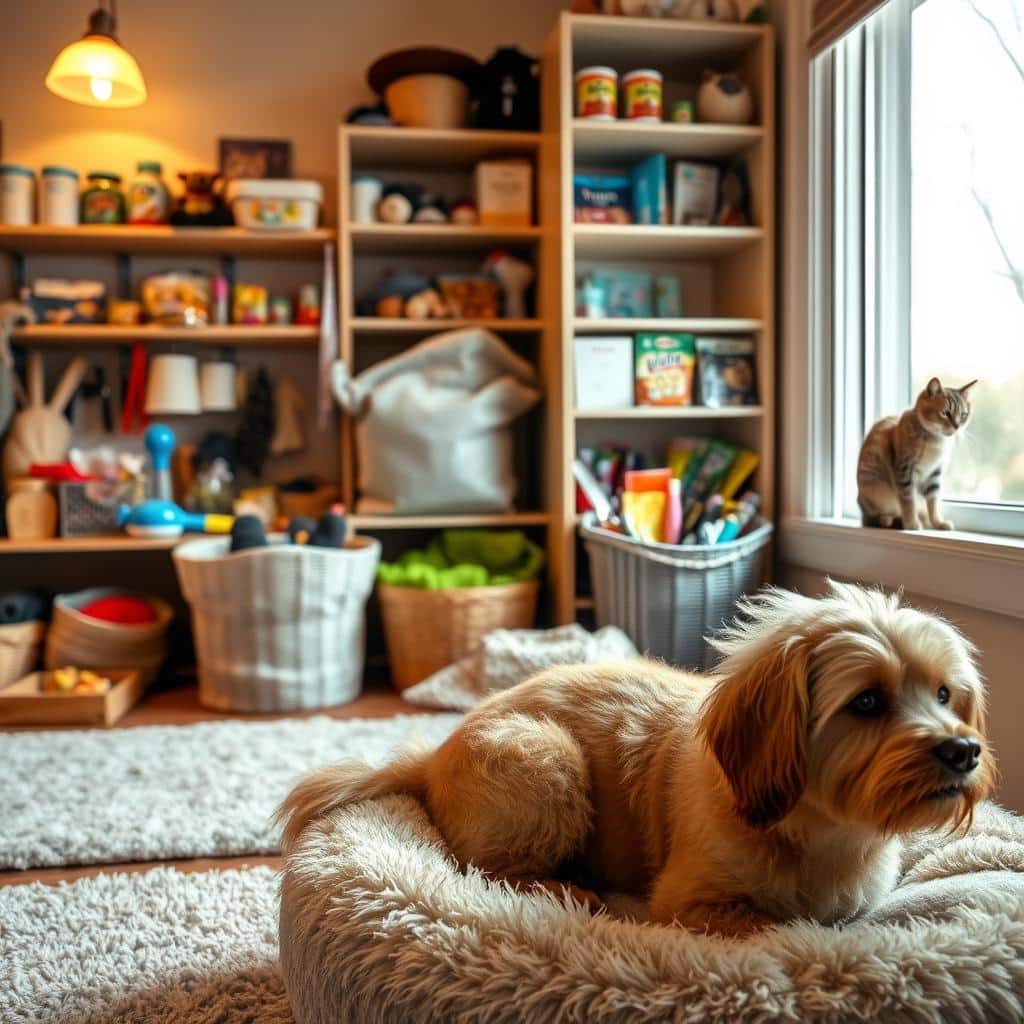 A cozy home interior with warm lighting and natural textures. In the foreground, a fluffy dog rests on a plush pet bed, gazing contentedly. Nearby, a cat lounges on a windowsill, watching birds in the backyard. The middle ground features a well-stocked pet care station, including a selection of toys, treats, and grooming supplies. In the background, shelves display unused gift cards, hinting at potential opportunities for a lucrative side hustle. The overall atmosphere conveys a sense of comfort, care, and the companionship of beloved household pets.