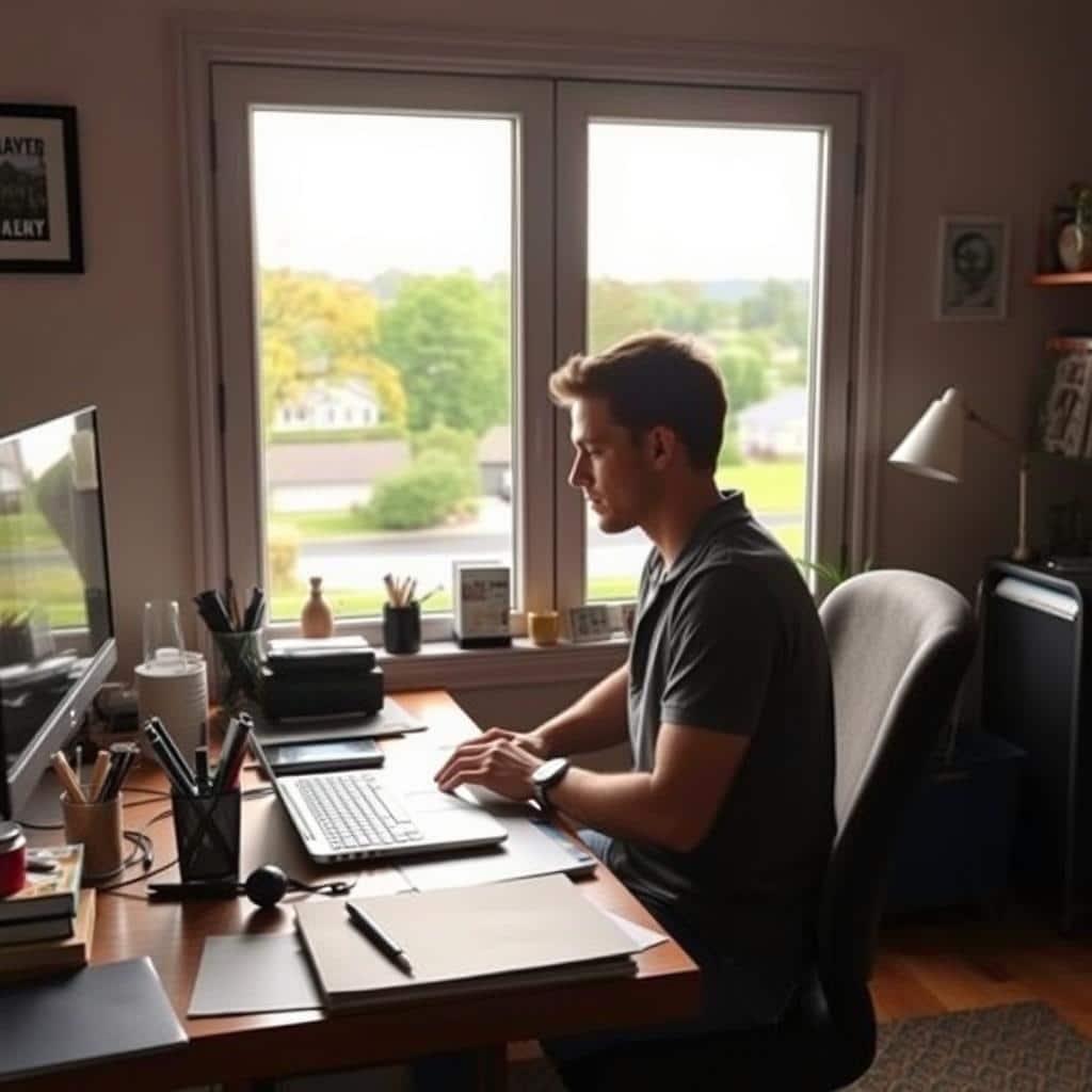A cozy home office with a desk, laptop, and various stationery items. In the background, a large window overlooking a peaceful suburban landscape, with a warm, natural lighting filtering through. The foreground features a person, dressed casually, intently focused on their work, embodying the freelance lifestyle. An air of productivity and contentment permeates the scene, conveying the flexibility and independence of working from the comfort of one's own home.
