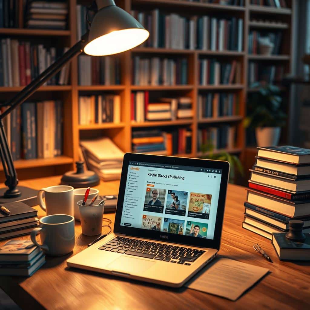 A cozy home office with a desktop computer and stacks of books on a wooden desk. Warm lighting from a desk lamp casts a soft glow, creating a productive and focused atmosphere. In the foreground, an open laptop displays the Kindle Direct Publishing dashboard, showcasing the self-publishing process. Subtle details like coffee mugs, a pen holder, and a potted plant add to the inviting ambiance. The background features a bookshelf filled with various titles, hinting at the author's passion for writing and publishing. The overall scene conveys the excitement and dedication of a self-publisher embarking on their Kindle Direct Publishing journey.