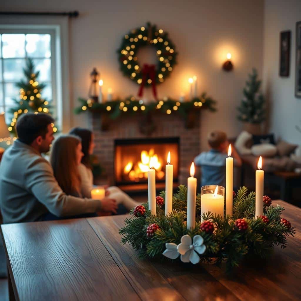 A cozy living room filled with the warm glow of a crackling fireplace, accented by the soft light of candles. In the foreground, a family gathers around a wooden table, with a beautiful Advent wreath at the center, its third candle lit. The walls are adorned with simple yet elegant holiday decorations, creating a festive and inviting atmosphere. The scene conveys a sense of joy, togetherness, and the peaceful anticipation of the Christmas season.