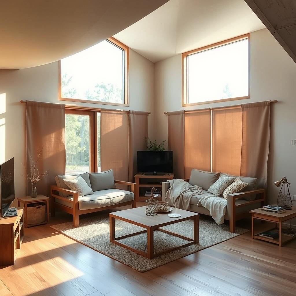 A cozy, minimalist living space with strategically placed shielding materials to block low-frequency electromagnetic fields (EMFs). The room is bathed in warm, natural lighting from large windows, creating a serene and peaceful atmosphere. Wooden furniture and natural textiles blend harmoniously, conveying a sense of organic simplicity. Strategically placed Faraday fabric panels and shielding paints on the walls and ceiling subtly mitigate the presence of EMFs, allowing the occupant to enjoy a healthful, low-EMF environment. The overall design prioritizes functionality, comfort, and well-being, reflecting a thoughtful approach to creating a safe, rejuvenating living space.