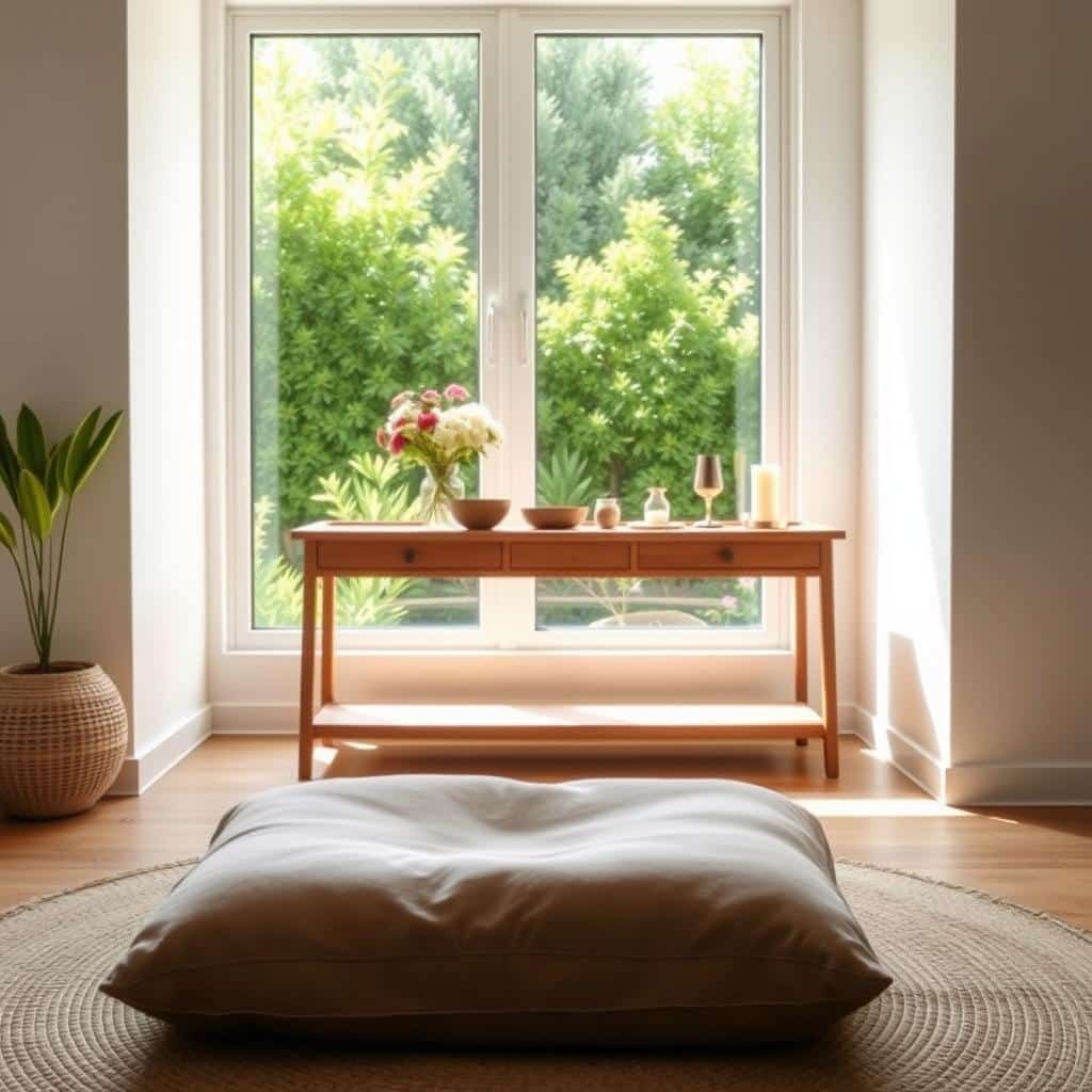 A cozy, sun-drenched meditation nook with natural textures and soothing tones. In the foreground, a plush, earthy-toned meditation cushion sits on a woven jute rug, inviting peaceful contemplation. Behind it, a wooden console table holds a simple vase of fresh flowers, a meditation bowl, and a lit candle, creating a calming ambiance. In the middle ground, a large window frames a lush, verdant garden scene, allowing natural light to filter in and illuminate the space. The background showcases bare, whitewashed walls, accentuating the minimalist, serene atmosphere.
