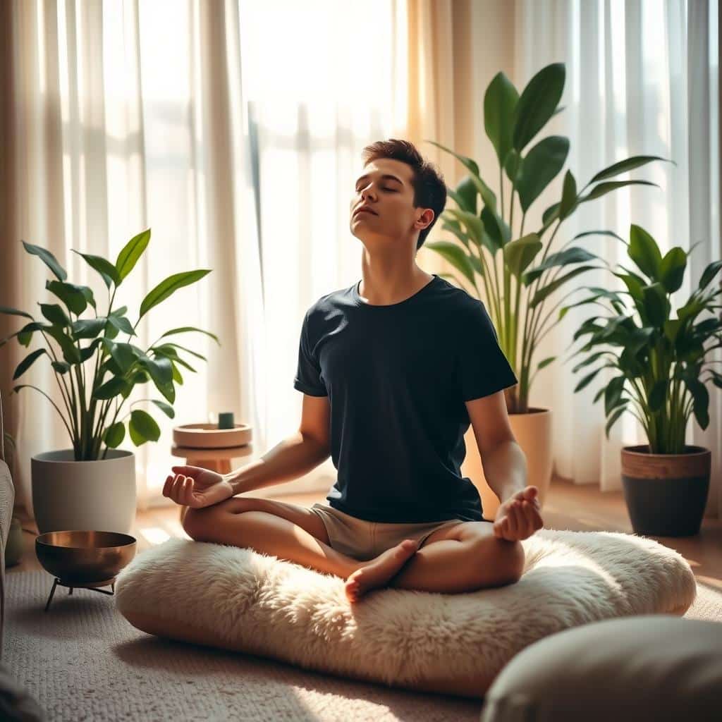 A cozy, sun-lit living room with a person sitting in a comfortable lotus position on a plush meditation cushion, eyes closed in deep contemplation. Soft morning light filters through sheer curtains, casting a warm glow. Lush potted plants and a minimalist altar with a lit candle and singing bowl create a serene, grounding atmosphere. The figure's expression is peaceful, embodying a sense of tranquility and focus. Camera angle is slightly elevated, capturing the scene from an angle that invites the viewer to join in the calming experience.