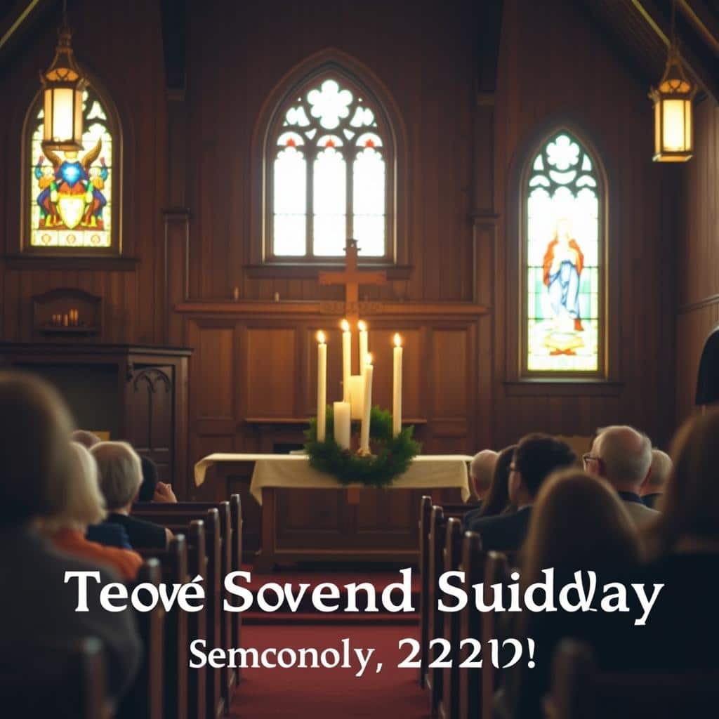 A cozy, warm-lit interior scene of a traditional Christian church, with a focal point on a central altar adorned with a simple evergreen wreath and four lit candles, symbolizing the Second Sunday of Advent. Soft, golden light filters through stained glass windows, casting a serene, contemplative atmosphere. In the foreground, wooden pews are occupied by a small congregation, their faces illuminated by the candlelight as they engage in quiet reflection. The overall composition conveys a sense of anticipation, hope, and the coming of the Christmas season.