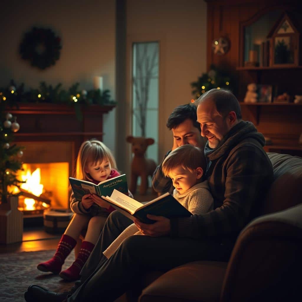 A cozy, warm-lit living room scene on a winter's eve. In the foreground, a family of four - a mother, father, and two young children - gathered around a crackling fireplace, their faces aglow with the light of the dancing flames. The children, one sitting on the father's lap, the other nestled between the parents, are enraptured as they listen to their mother read aloud from a well-worn storybook. The room is adorned with modest Christmas decorations, a small tree in the corner and a nativity scene on the mantel. The overall atmosphere is one of peace, togetherness, and the sacred celebration of the Nativity. Soft, diffused lighting casts a gentle, reverent glow over the intimate family gathering.