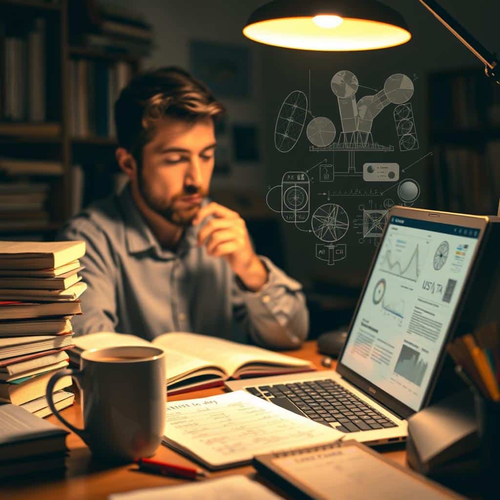 A cozy, well-lit study filled with the tools of research - stacks of books, open notebooks, a laptop, and a mug of steaming coffee. The warm glow of a desk lamp illuminates a thoughtful, concentrated expression on the face of the researcher as they delve into their work. The background is softly blurred, creating a sense of focus and intensity. Intricate diagrams, charts, and formulas are visible on the laptop screen, hinting at the complex, cutting-edge nature of the research being conducted. The overall mood is one of intellectual engagement, productivity, and the pursuit of knowledge.