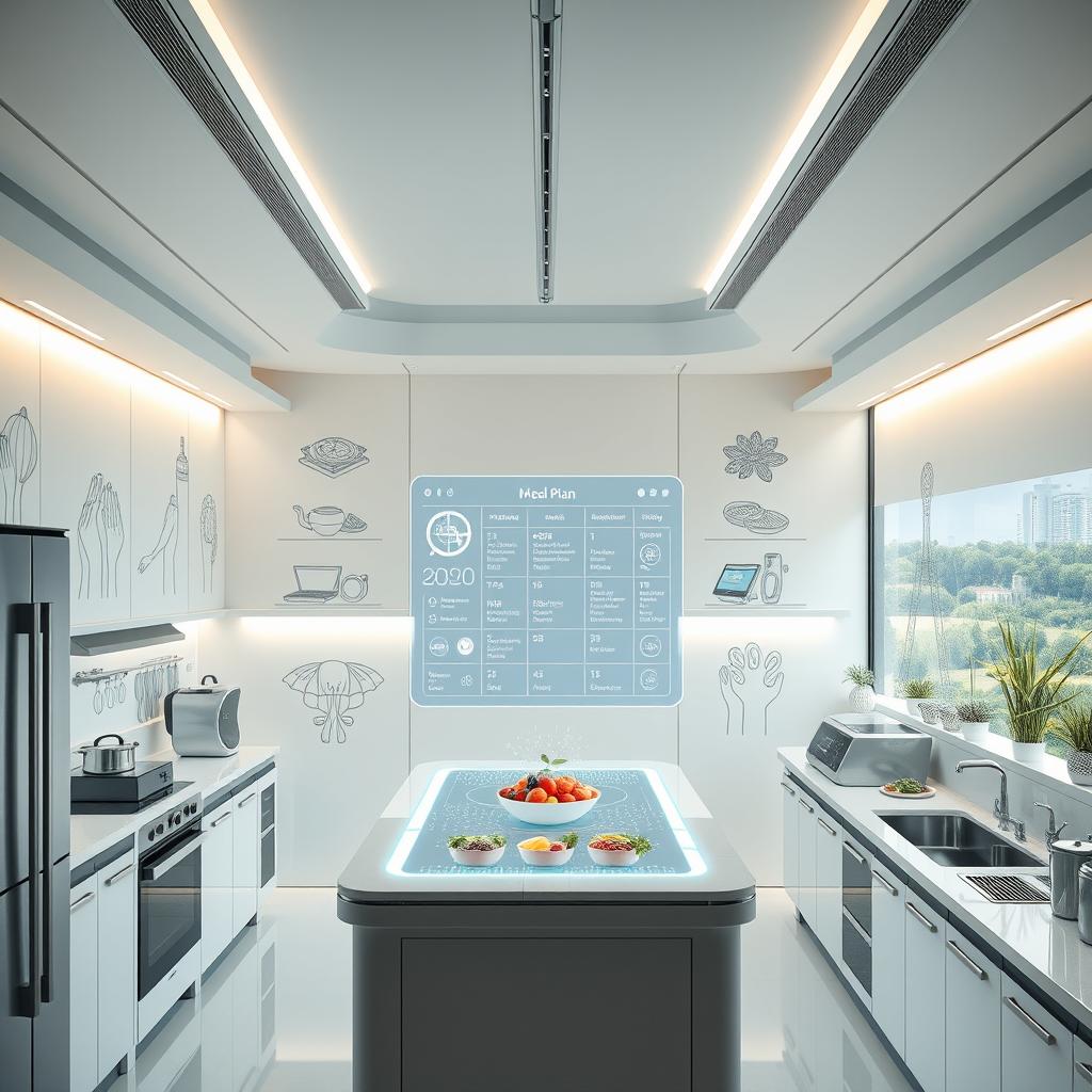 A cutting-edge, futuristic kitchen filled with sleek, holographic appliances and state-of-the-art gadgets. At the center, a floating, transparent display showcases a personalized meal plan, adjusting dynamically based on the user's biometric data and nutritional needs. The walls are adorned with striking, minimalist illustrations depicting the latest advancements in food science and sustainable agriculture. Overhead, a soft, ambient glow creates a serene, almost meditative atmosphere, while the large windows offer a panoramic view of a verdant, eco-conscious cityscape. The entire scene exudes a sense of harmony between technology, nature, and the pursuit of optimal health and wellbeing.