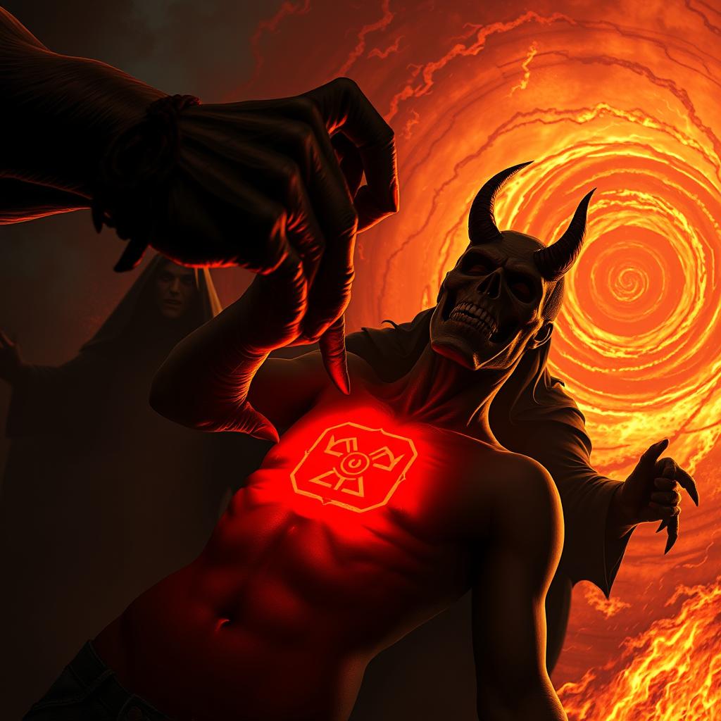 A dark and foreboding interpretation of the biblical "mark of the beast". In the foreground, a demonic hand sears a glowing, crimson symbol into the skin of a terrified human subject. Shadowy figures loom in the middle ground, their expressions twisted with malice. The background is a swirling vortex of hellfire and brimstone, casting an ominous glow over the entire scene. The lighting is dramatic, with harsh shadows and a sense of impending doom. The overall atmosphere is one of intense spiritual conflict and the looming threat of eternal damnation.