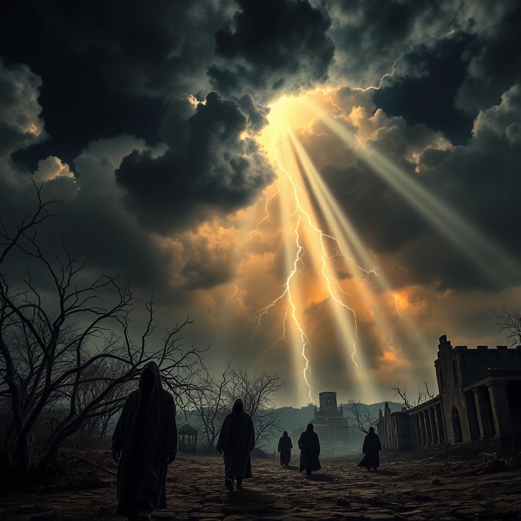 A dark, foreboding sky filled with ominous storm clouds, lightning flashing in the distance. In the foreground, a desolate landscape with withered, skeletal trees, cracked earth, and the ruins of abandoned buildings. Figures cloaked in tattered robes wander aimlessly, their faces obscured in shadow. Beams of eerie, otherworldly light pierce the gloom, casting an unsettling glow over the scene. The air is thick with a sense of dread and impending doom, as if the very fabric of the world is unraveling. A dramatic, cinematic composition captured through a wide-angle lens, conveying the overwhelming sense that the end times are upon us.