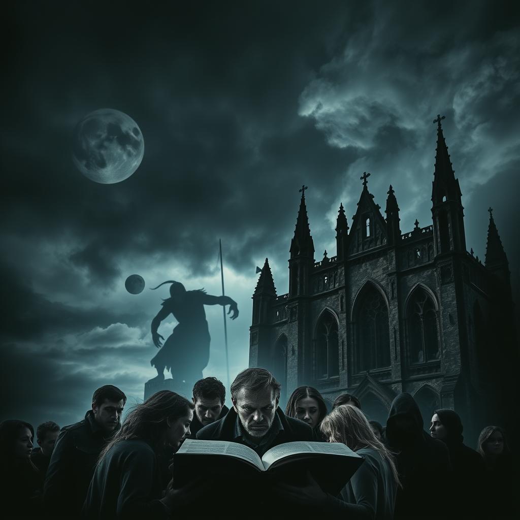 A dark, ominous sky with swirling clouds and ominous symbols. In the foreground, a group of people gathered around a large, open book, their faces twisted in fear and confusion. Shadows of strange, otherworldly figures loom behind them, casting an eerie glow. In the background, a crumbling, gothic-style building, its spires reaching up towards the heavens. The lighting is dramatic, with chiaroscuro effects, creating a sense of foreboding and unease. The overall atmosphere is one of uncertainty, misinterpretation, and the lingering fear of the unknown.
