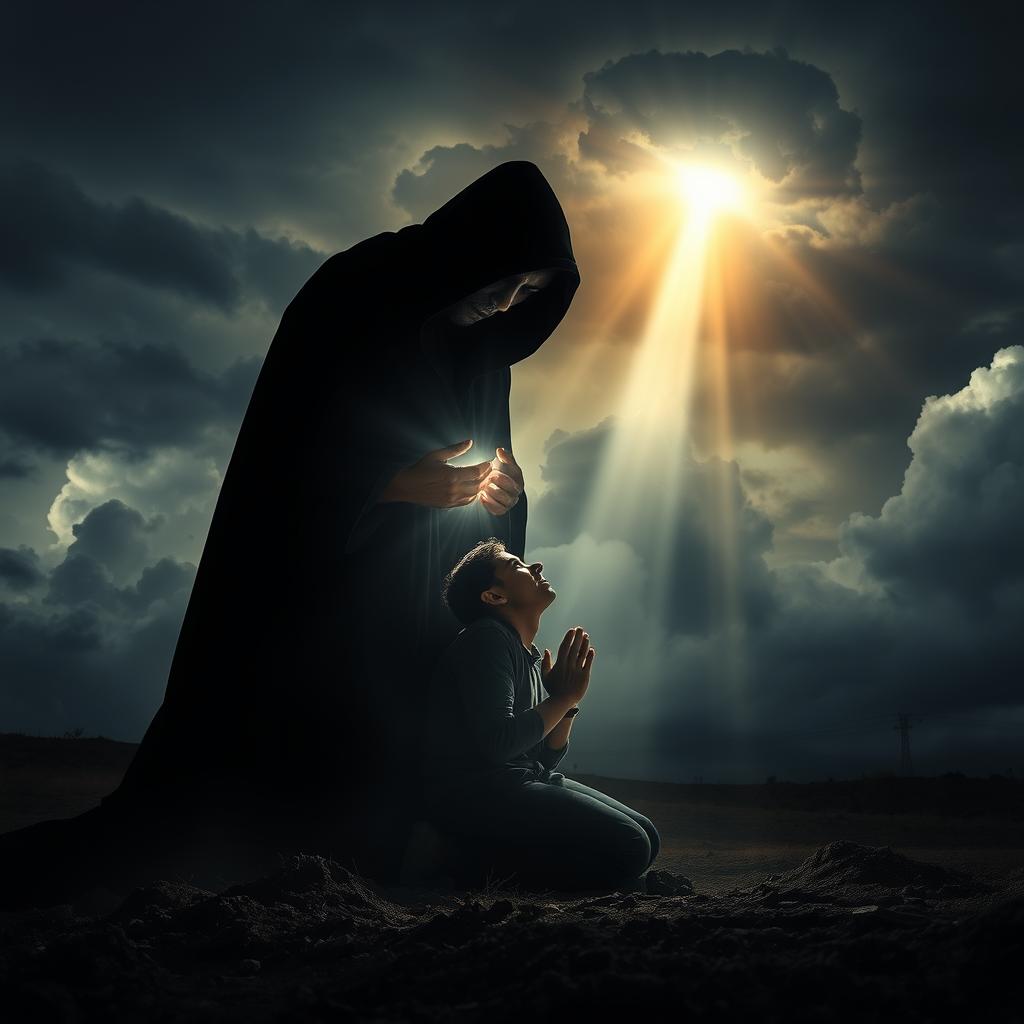 A dark, shadowy figure looms over a person kneeling in prayer, their face filled with anguish. But a brilliant light emanates from the person's heart, slowly pushing back the encroaching darkness. In the background, ominous storm clouds gather, yet a single beam of heavenly light pierces through, offering hope and divine protection. The scene is captured with cinematic lighting, using a wide-angle lens to convey the scale of the spiritual battle. The overall mood is one of conflict, but also of ultimate triumph of good over evil.