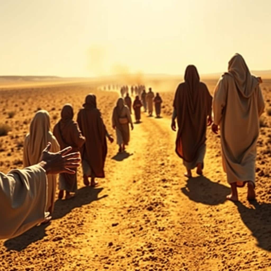 A desolate, dusty road winds through a sparse, arid landscape. In the distance, a group of figures can be seen, their robes billowing in the warm breeze. This is the scene of Luke 17:11, where Jesus encounters ten lepers, their skin ravaged by the disease. The middle ground is bathed in a warm, golden light, casting long shadows across the scene. In the foreground, the lepers reach out their hands, pleading for mercy and healing. The atmosphere is one of desperation and hopelessness, yet the promise of redemption lingers in the air. Capture the weight of this biblical moment, where the divine and the mortal intersect, and the power of faith is put to the test.