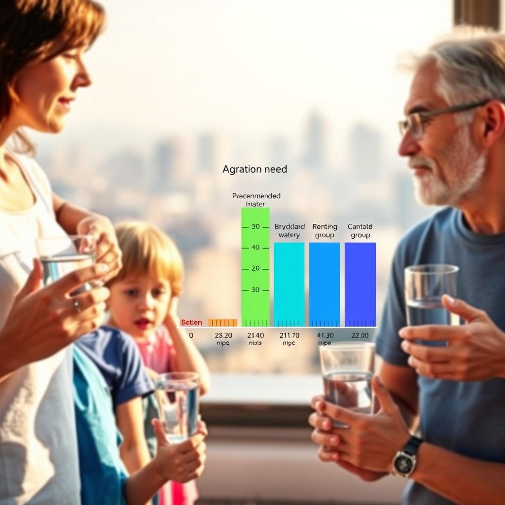 A detailed illustration showcasing the varying hydration needs across different age groups. In the foreground, a group of individuals representing diverse ages - from young children to the elderly - each holding a glass of water. The middle ground features a gradient scale visualizing the recommended daily water intake for each age group, with clear color-coded demarcations. In the background, a soft, blurred cityscape provides a tranquil, relatable setting. Warm, natural lighting bathes the scene, lending a serene and educational atmosphere. The composition highlights the importance of staying hydrated throughout one's lifespan, encouraging viewers to assess their own water consumption needs.