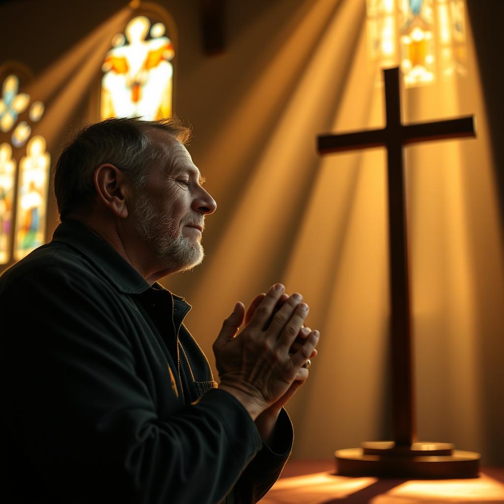 A devout man kneeling in prayer, his hands clasped tightly, eyes closed in deep contemplation. Beams of warm, golden light stream through stained glass windows, casting a reverent glow upon his weathered face. In the background, a simple wooden cross stands as a symbol of faith and redemption, casting a long, comforting shadow. The atmosphere is one of solace and introspection, conveying a sense of the man's journey towards spiritual healing and freedom from the shackles of addiction.