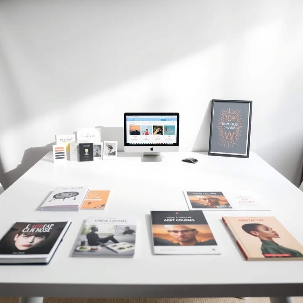 A digital product display on a minimalist white table, bathed in soft, diffused lighting from above. In the foreground, various digital products from Gumroad are neatly arranged, including e-books, online courses, and digital art prints. The middle ground features a laptop computer showcasing the Gumroad platform, with a clean, intuitive user interface. The background is a simple, seamless white backdrop, creating a clean, professional, and inviting atmosphere. The overall scene conveys the ease and potential of creating and selling digital products on the Gumroad platform.