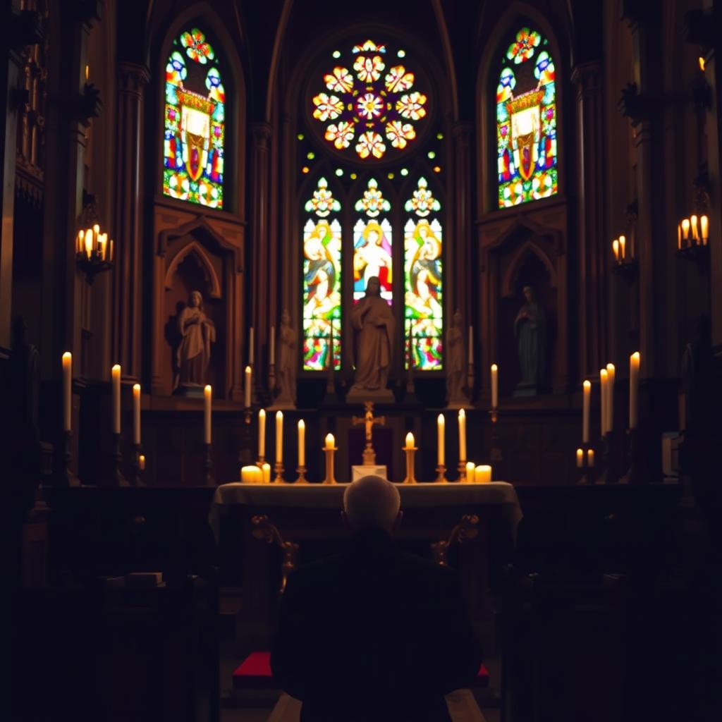 A dimly lit Catholic chapel, the warm glow of candles casting a soft, contemplative light across the ornate interior. In the foreground, a worshiper kneels before an intricately carved altar, their hands clasped in prayer, the solemnity of the moment captured in their reverent expression. In the middle ground, statues of saints stand watch, their faces carved with serene, benevolent expressions. In the background, stained-glass windows filter the light, casting a kaleidoscope of colors that lend an ethereal, almost mystical atmosphere to the space. The overall scene evokes a sense of timeless devotion, a sacred refuge where the faithful can find solace and spiritual nourishment.