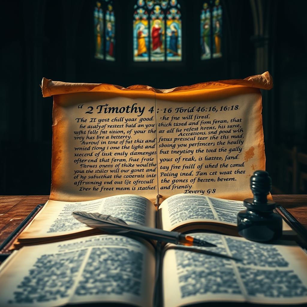 A dimly lit, aged parchment scroll unfurls, revealing the handwritten words of 2 Timothy 4:6-8, 16-18. The text is rendered in intricate calligraphic script, the letters illuminated by a warm, ethereal glow. In the foreground, a weathered, leather-bound Bible lies open, its pages casting soft shadows. The middle ground features a quill pen and an inkwell, symbolizing the act of recording sacred scripture. The background depicts a scene of a church interior, with stained glass windows casting a reverent, contemplative atmosphere. The overall mood is one of solemnity, reverence, and the timeless nature of the Word of God.