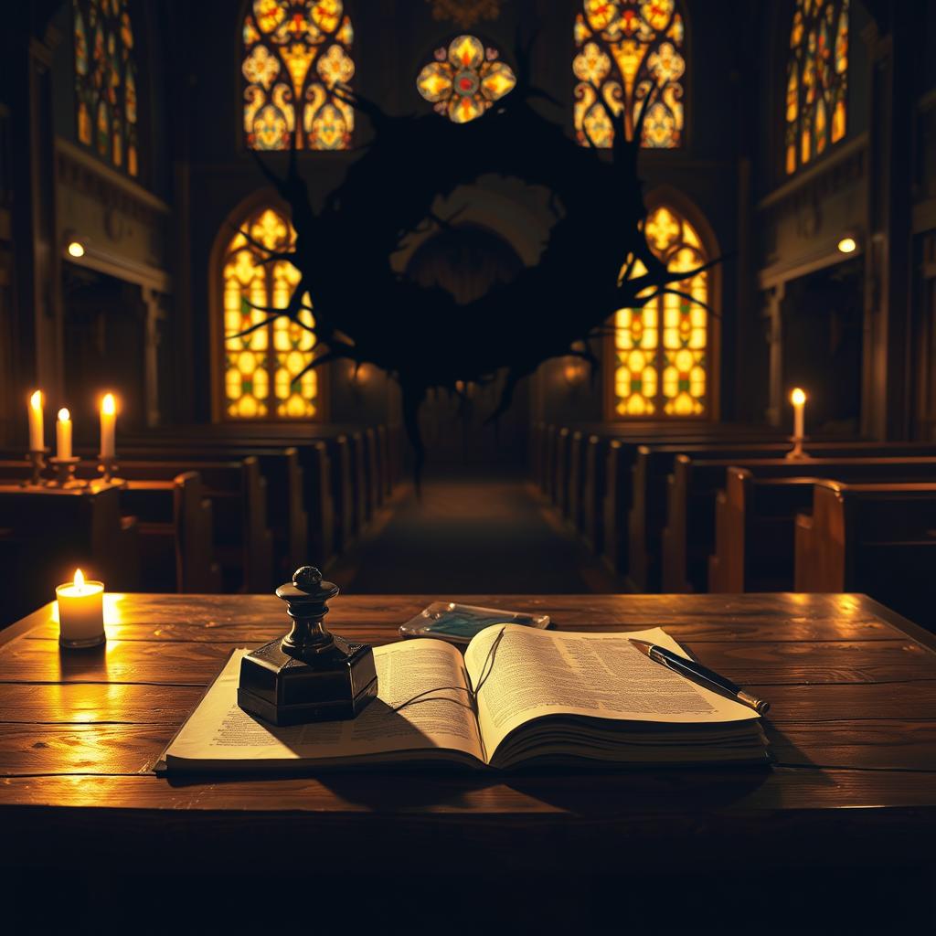 A dimly lit biblical scene, illuminated by warm candlelight and golden light filtering through stained glass windows. In the foreground, a wooden table is adorned with ancient parchments, an ornate ink well, and a quill. Casting an ominous shadow, a large, twisted, black thorn-like structure looms in the middle ground, suggesting the presence of a sinister "devil's trap". In the background, rows of wooden pews recede into the shadowy sanctuary, hinting at the spiritual struggle and divine guidance this scene evokes. The atmosphere is one of contemplation, solemnity and a sense of sacred revelation.