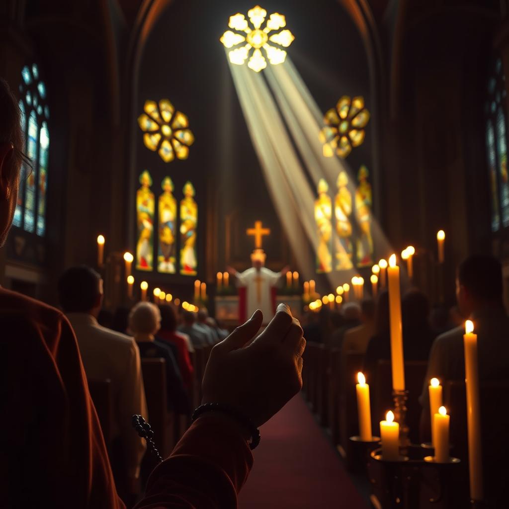 A dimly lit cathedral interior, rays of golden light streaming through stained glass windows. In the foreground, a worshiper kneels in reverence, rosary beads clasped tightly in their hands. Candles flicker, casting a warm, contemplative glow. In the middle ground, a priest stands before an altar, leading a congregation in prayer. The atmosphere is solemn and sacred, evoking the timeless traditions of Catholic worship. The scene is captured with a wide, cinematic lens, emphasizing the grandeur and solemnity of the space. The image conveys the power of prayer as a shield, shielding the soul and connecting the faithful to the divine.
