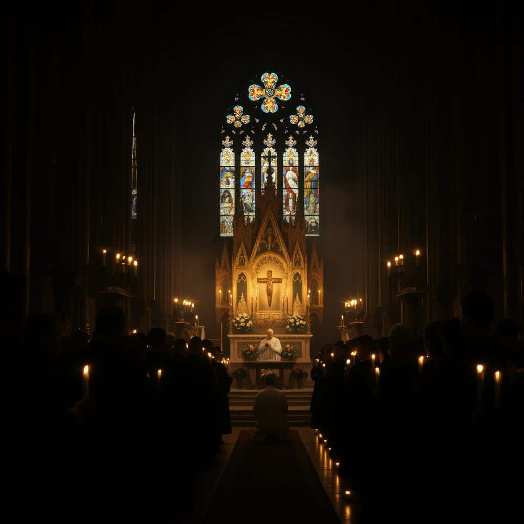 A dimly lit cathedral interior, stained glass windows casting a solemn glow. In the foreground, a somber procession of robed clergy and mourners holding flickering candles, their faces cast in shadow. In the middle ground, an ornate altar adorned with funereal floral arrangements and a lone figure kneeling in prayer. The background shrouded in a sense of reverence and quiet contemplation, as the sacred space honors the souls of the faithful departed on this hallowed day within the liturgical calendar.