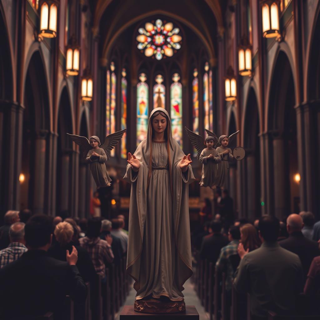 A dimly lit cathedral interior, the stained glass windows casting a warm, reverent glow. In the foreground, a serene statue of the Virgin Mary, her hands outstretched in a gesture of compassion. Surrounding her, four angelic figures representing the Catholic virtues of Faith, Hope, Charity, and Prudence, each bearing a symbolic element - a cross, an anchor, a heart, and a mirror, respectively. The middle ground depicts kneeling worshippers, their faces uplifted in reverence. In the background, the ornate altar and towering arches of the cathedral, instilling a sense of awe and devotion. Soft, diffused lighting creates an atmosphere of tranquility and spiritual contemplation.