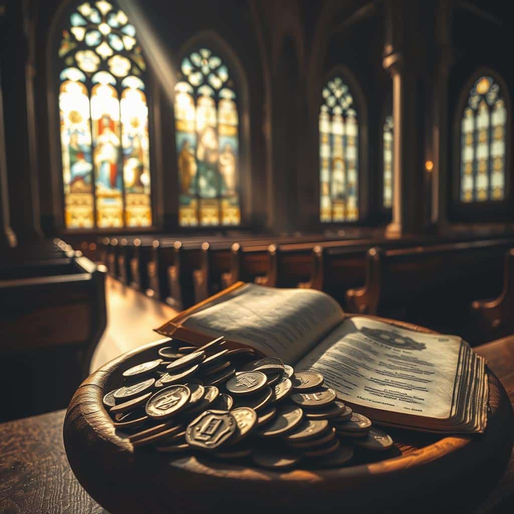 A dimly lit cathedral interior, with stained glass windows casting a warm, ethereal glow. In the foreground, a worn wooden collection plate overflows with ancient coins and bills, symbolizing the biblical principles of financial stewardship. In the middle ground, a beam of light illuminates a worn leather-bound Bible, its pages open to a relevant passage. The background features rows of wooden pews, casting long shadows, conveying a sense of contemplation and reverence. The overall mood is one of reverence, introspection, and the timeless wisdom of the scriptures regarding money and prosperity.