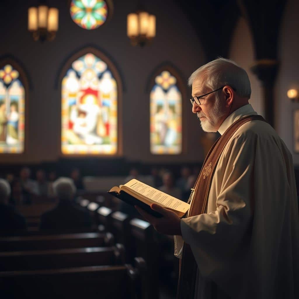 A dimly lit chapel with stained glass windows casting a warm, reverent glow. In the foreground, a priest in traditional robes stands at a lectern, his face illuminated as he reads from a leather-bound Bible. The congregation sits in wooden pews, their expressions rapt with attentive devotion. The background is blurred, emphasizing the focal point of the gospel reading. The scene evokes a sense of sacred solemnity, the promise of Emmanuel's coming felt in the air.