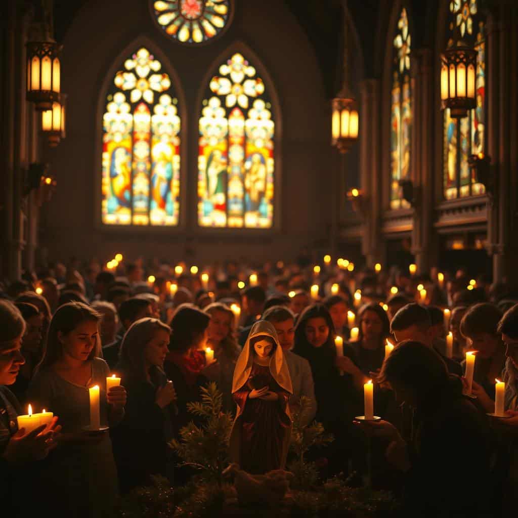 A dimly lit church interior, bathed in the warm glow of flickering candles. The congregation, their faces aglow, are gathered in reverent worship, their hands clasped in prayer. Stained glass windows cast a kaleidoscope of colored light, illuminating the sacred space. In the foreground, a nativity scene stands, the figures of Mary, Joseph, and the Christ child radiating a celestial light. The atmosphere is one of profound peace and wonder, as the faithful embrace the gift of love and self-sacrifice embodied in the Incarnation. A wide-angle lens captures the grandeur of the moment, inviting the viewer to step into this sacred space and experience the beauty and majesty of the Christmas Mass at Night.
