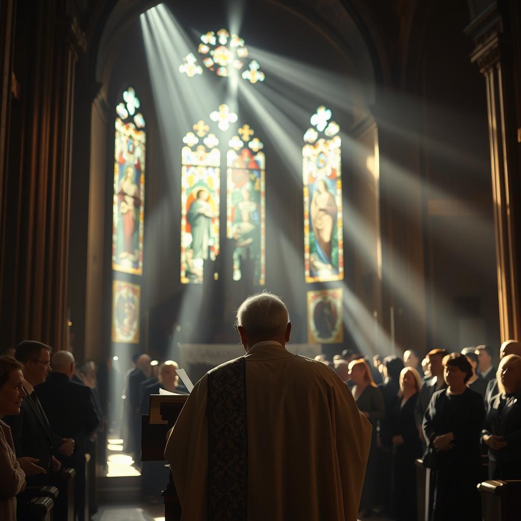 A dimly lit church interior, sunlight streaming through stained glass windows, casting a warm glow on a podium adorned with a large, ornate Bible. In the foreground, an elderly priest stands solemnly, delivering the Gospel reading to a congregation of worshippers, their faces rapt with reverence. The air is thick with the scent of incense, and the atmosphere is one of profound spiritual contemplation. The scene is captured with a wide-angle lens, emphasizing the grandeur of the sacred space and the significance of the moment.