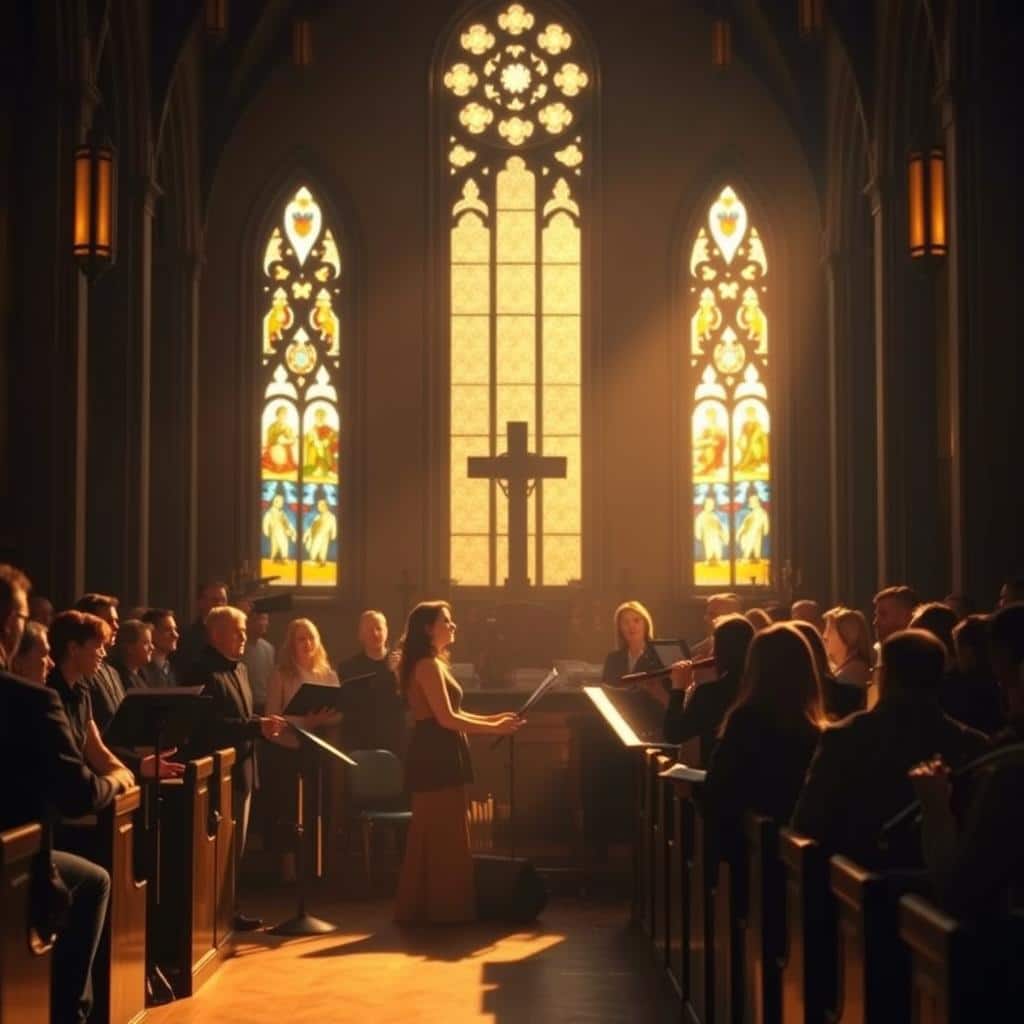 A dimly lit church sanctuary, bathed in warm, golden light filtering through stained glass windows. At the front, a choir stands, their voices raised in harmonious praise, leading a congregation in soulful, reverent worship. Instrumentalists - a pianist, a guitarist, and a string quartet - accompany the singers, their notes blending together in a beautiful, atmospheric soundscape. The pews are filled with worshippers, their faces reflecting deep contemplation and devotion, as they sing, pray, and prepare their hearts for the coming of the Lord. The atmosphere is one of profound reverence and anticipation, capturing the essence of the second Sunday of Advent.