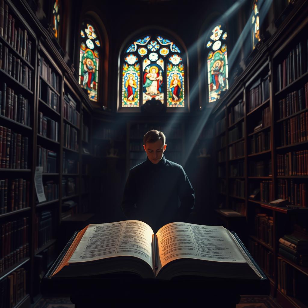 A dimly lit, contemplative study filled with religious iconography. In the foreground, an open book rests on a lectern, its pages casting a warm glow. Bookshelves line the walls, their leather-bound volumes hinting at the depth of theological knowledge within. Shafts of light filter through stained glass windows, casting a reverent ambiance. A single, pensive figure stands at the center, deep in thought, their face obscured. The scene evokes a sense of scholarly introspection, as if considering the multifaceted approaches to interpreting the sacred texts.