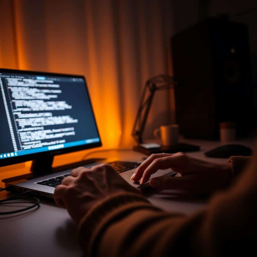 A dimly lit home office with a sleek, modern desk. On the desk, a laptop glows softly, its screen displaying lines of code. In the foreground, a pair of hands type furiously, the fingers a blur against the keyboard. The background is hazy, creating a sense of focus on the task at hand. Warm, indirect lighting casts a soft glow, illuminating the workspace and creating a cozy, productive atmosphere. The scene conveys a sense of deep concentration and the power of technology to transform workflows.