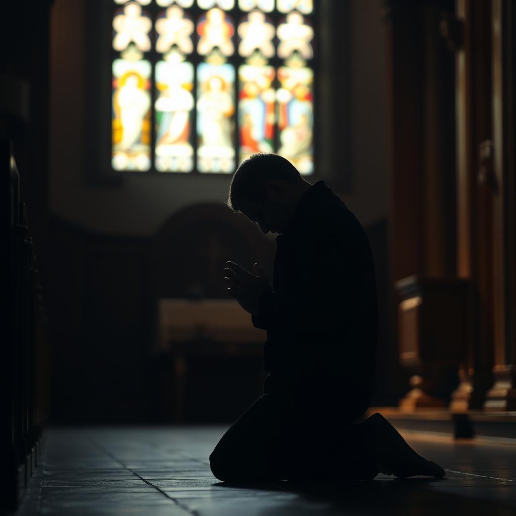 A dimly lit interior, a figure kneeling in prayer. Soft, warm light filters through stained glass, casting a reverent glow upon the scene. The figure's posture exudes humility, head bowed, hands clasped. Their expression conveys a sense of quiet contemplation, a deep connection with the divine. The background is intentionally blurred, emphasizing the solitary, introspective nature of the moment. Hints of ecclesiastical architecture, such as ornate columns or a carved altarpiece, provide subtle context, evoking a sacred space. The overall atmosphere is one of reverence, reflection, and a profound respect for the power of humble prayer.