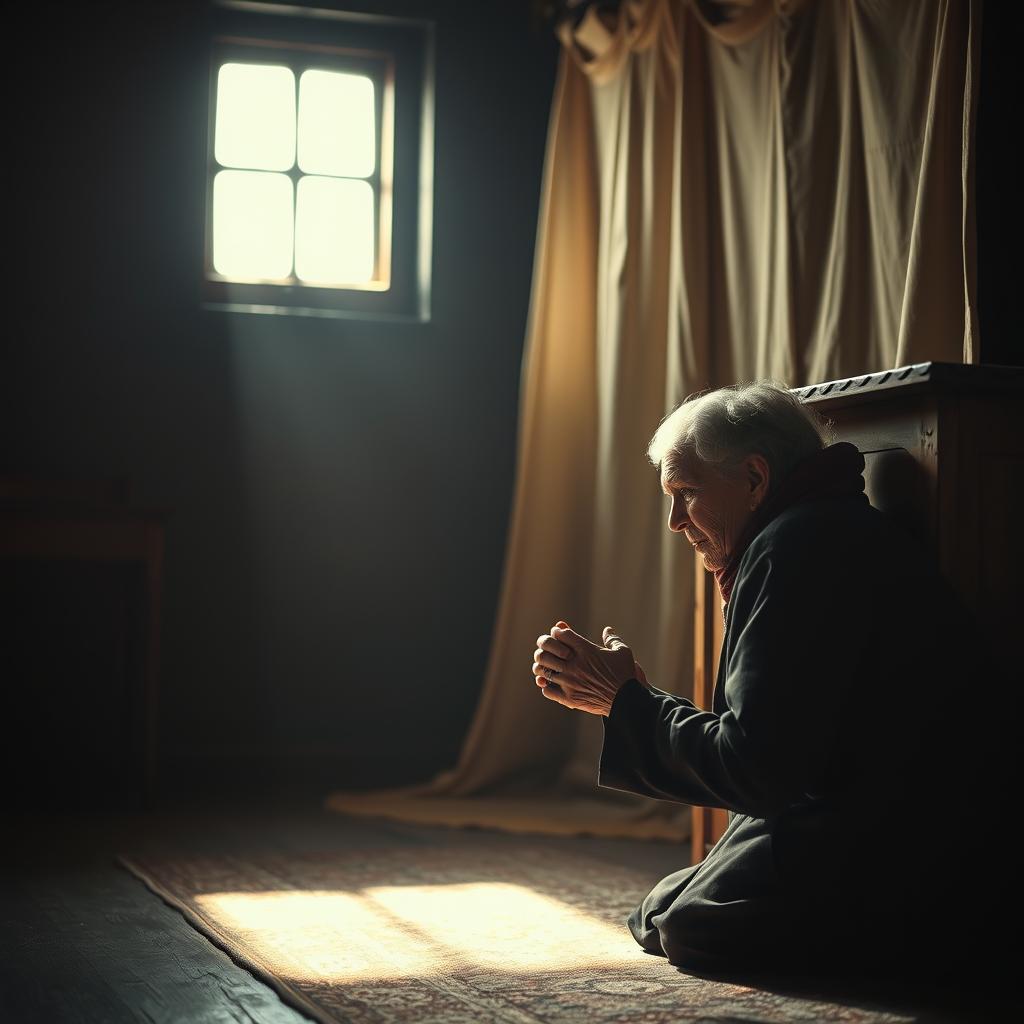 A dimly lit interior, an elderly woman kneeling in prayer before a modest wooden altar, her weathered face etched with determination. Soft light filters in through a window, casting a warm glow on the scene. The woman's hands are clasped tightly, her body hunched forward, conveying a sense of unwavering persistence. In the background, a simple curtain or tapestry hangs, adding depth and a sense of contemplation to the tableau. The overall atmosphere is one of quiet devotion, a visual embodiment of the parable of the persistent widow seeking justice from the reluctant judge.