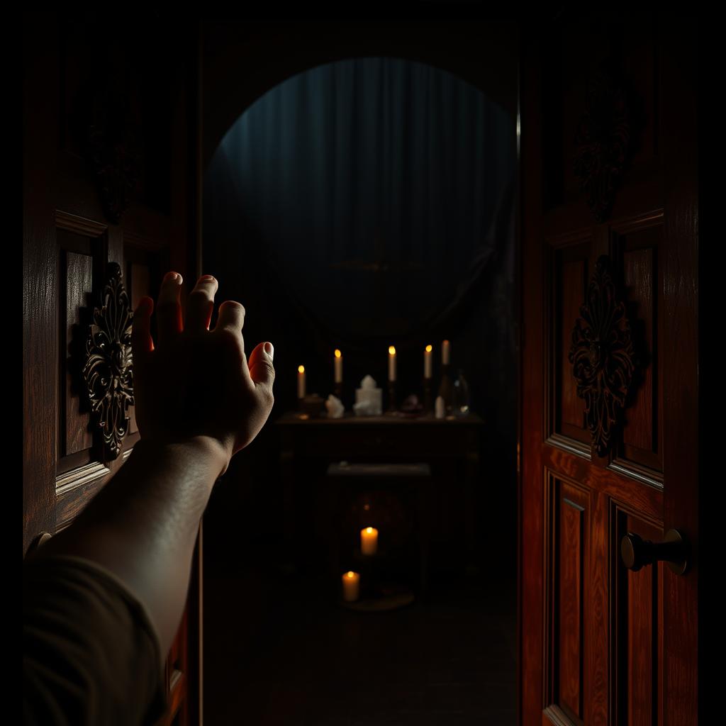 A dimly lit interior space, the air thick with spiritual tension. In the foreground, a pair of hands delicately closing a set of ornate wooden doors, their movement precise and intentional. The doors emit a faint glow, suggesting the presence of unseen energies beyond. The middle ground reveals an altar-like structure, draped in dark fabrics and adorned with candles, crystals, and other mystical objects. The background fades into shadows, hinting at the larger, mysterious realm being sealed off. Dramatic chiaroscuro lighting casts dramatic shadows, heightening the sense of the sacred and the occult. An atmosphere of solemnity and focus pervades the scene, as the figure works to close this spiritual doorway, to shield from unseen forces.