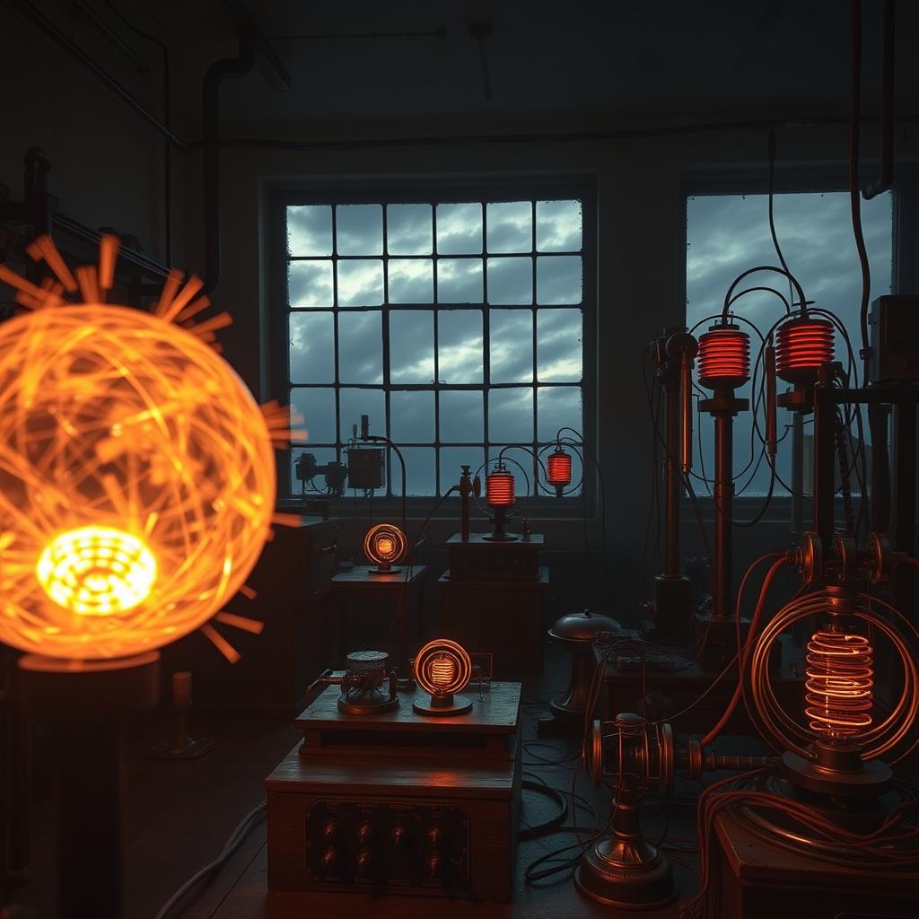 A dimly lit laboratory filled with arcane scientific instruments. In the foreground, a glowing orb of energy pulses with an eerie low-frequency hum, casting flickering shadows across the room. The middle ground features a complex array of Tesla coils and electromagnetic devices, their wires and circuits pulsing with a barely visible electrical charge. In the background, a large window reveals a stormy, ominous sky, hinting at the unseen forces at work. The overall atmosphere is one of foreboding and scientific mystery, reflecting the hidden dangers lurking in the low-frequency spectrum.