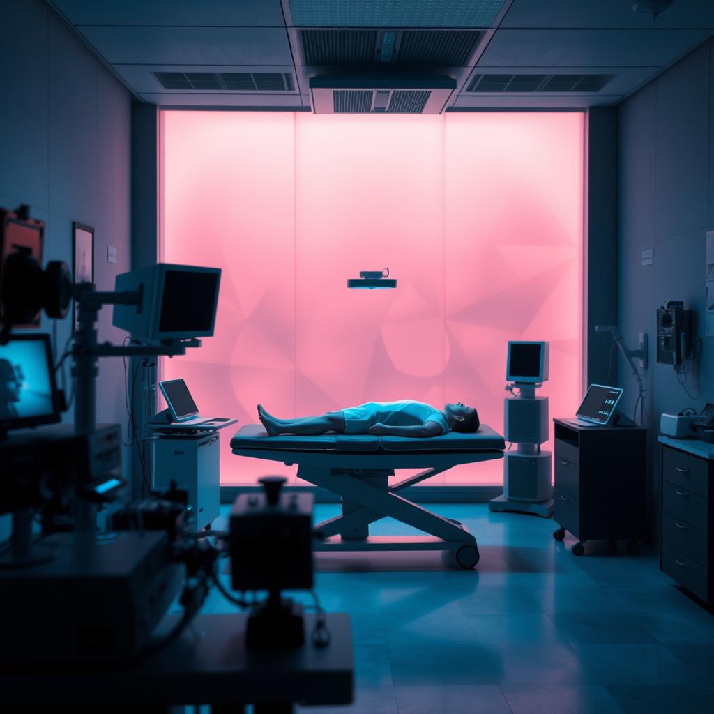 A dimly lit medical laboratory, bathed in a soft blue glow. In the foreground, an array of specialized equipment, including various scanning devices and frequency monitors. The middle ground features a human subject, lying on an examination table, undergoing a comprehensive low-frequency evaluation. The background is hazy, with abstract geometric patterns and subtle electromagnetic field visualizations, suggesting the unseen forces at play. The overall mood is one of scientific inquiry and concern, hinting at the importance of understanding and mitigating the potential risks of low-frequency exposure.